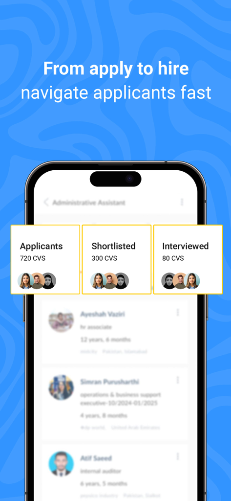Dashboard of Bayt.com for Employers app showing candidate statuses from applicants to interviewed