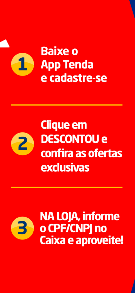 Tenda Atacado - A three-step guide on how to use the Tenda Atacado app for exclusive discounts including registration and checkout instructions.