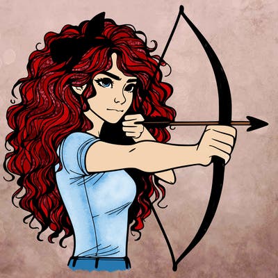 a woman with curly and messy hair using a bow to shoot arrow realistic