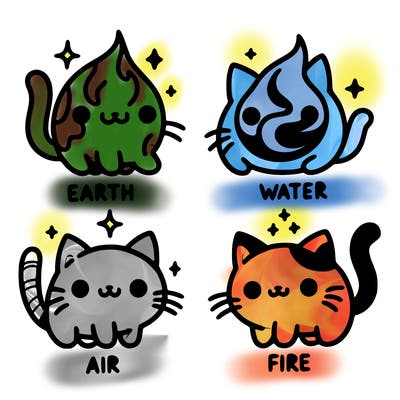 4 cats that represent the different elements, earth, water, air, and fire