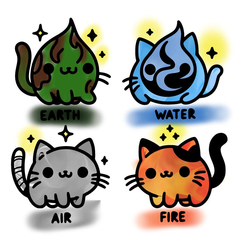 4 cats that represent the different elements, earth, water, air, and fire