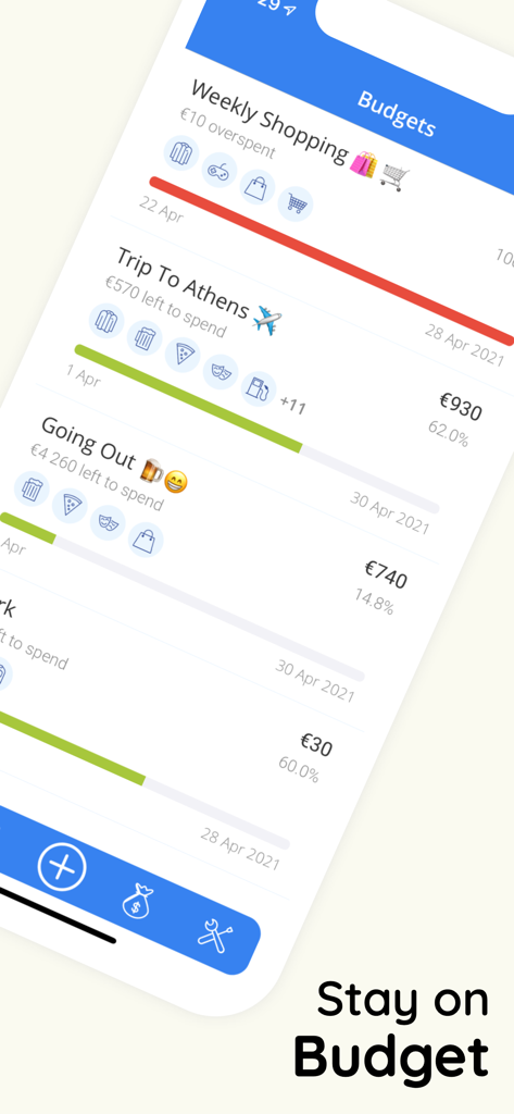 Moneyboard Budget Planner Bill - A mobile app screen showing budget tracking with categories like shopping and travel