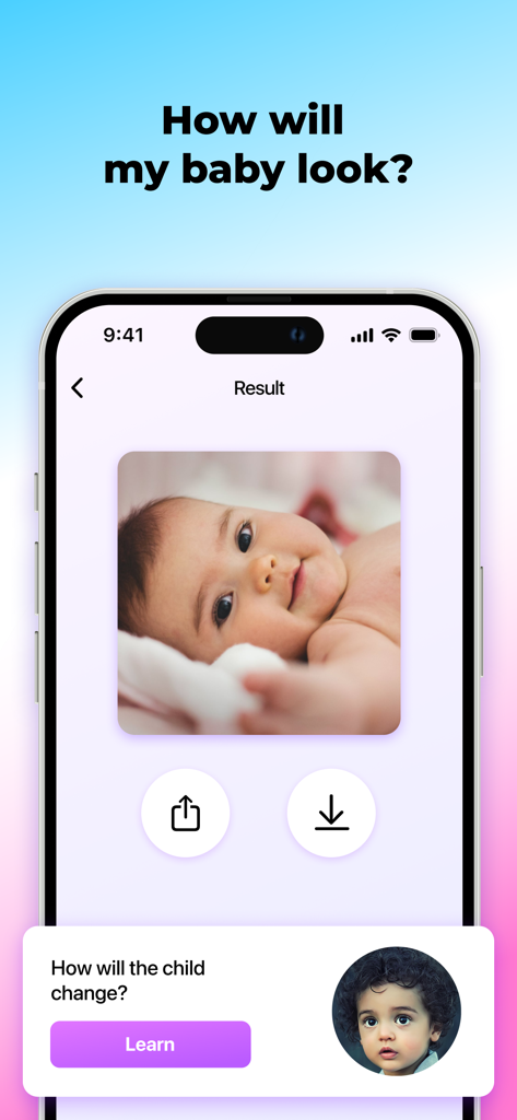 Baby Generator: AI Face Mix - Mobile app screen showing an AI generated image of a future baby face with share and download options