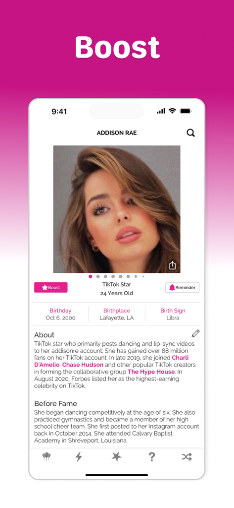 Famous Birthdays - Página de perfil do aplicativo Famous Birthdays para Addison Rae apresentando um botão de turbinar e biografia da celebridade.