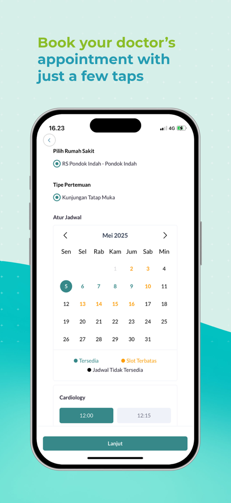 RSPI Mobile - Tela do aplicativo RSPI Mobile mostrando um calendário e horários disponíveis para agendar uma consulta médica.
