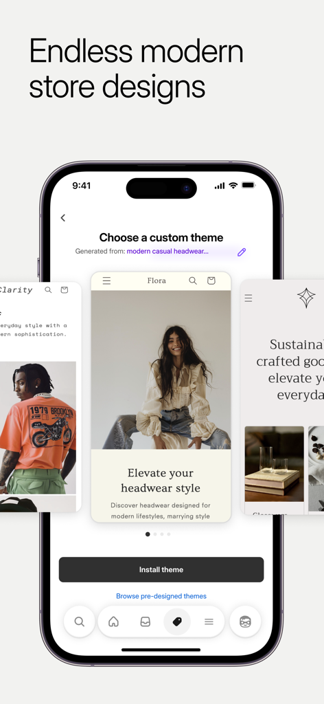 Interface de l'application mobile Shopify présentant des designs de boutiques modernes et des thèmes personnalisés, avec un bouton d'installation de thème.