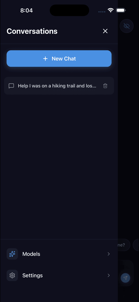 OfflineGPT - Offline & Private - OfflineGPT-App-Oberfläche, die die Konversationsleiste mit Chatverlauf und Einstellungen zeigt