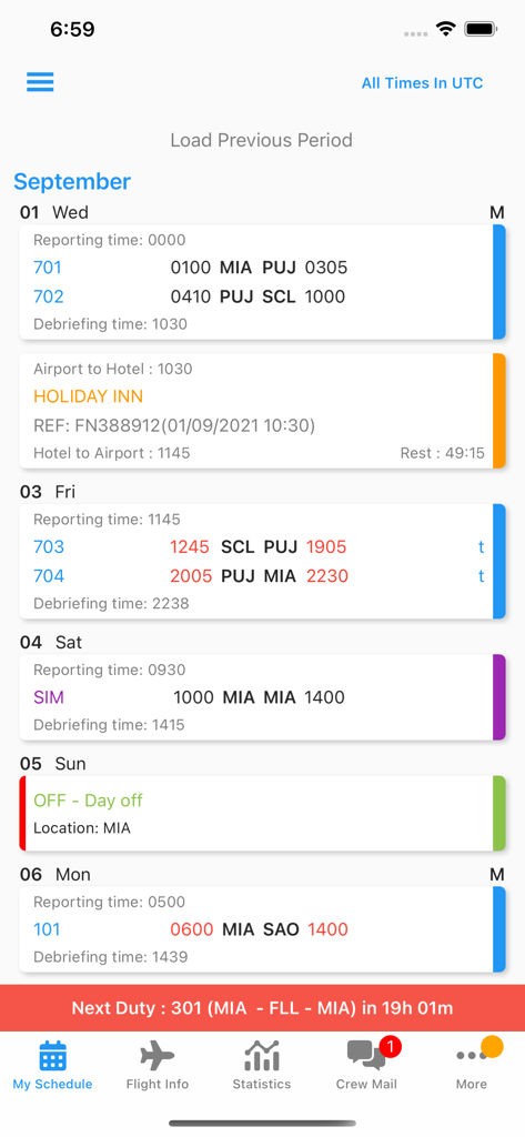 eCrew - Airline crew flight schedule and duty details displayed on the eCrew mobile app interface