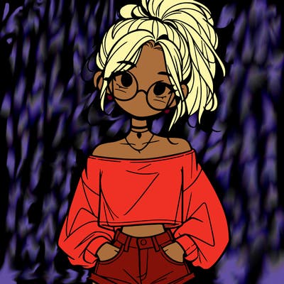 girl with a messy ponytail glasses a baggy crop top and jean shorts