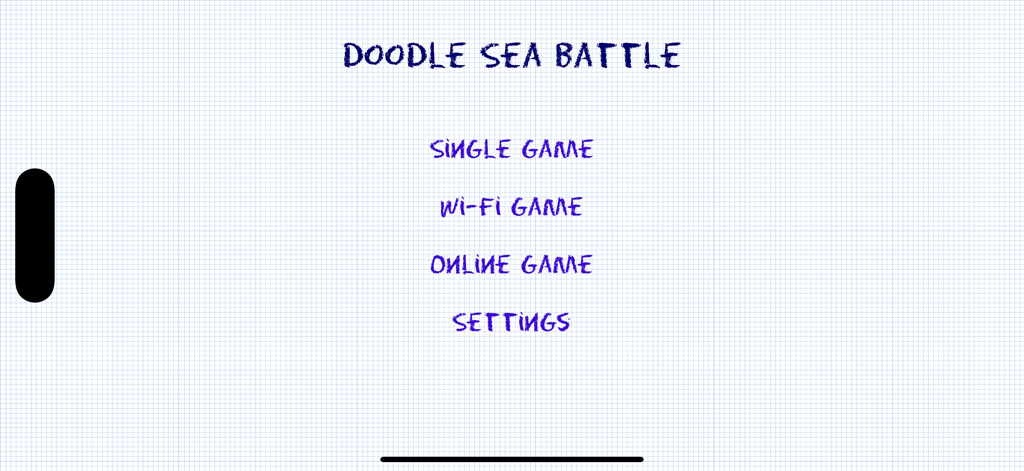 Doodle Sea Battle Online - Menú principal del juego Batalla Naval Doodle Online con texto dibujado a mano sobre un fondo de papel cuadriculado.