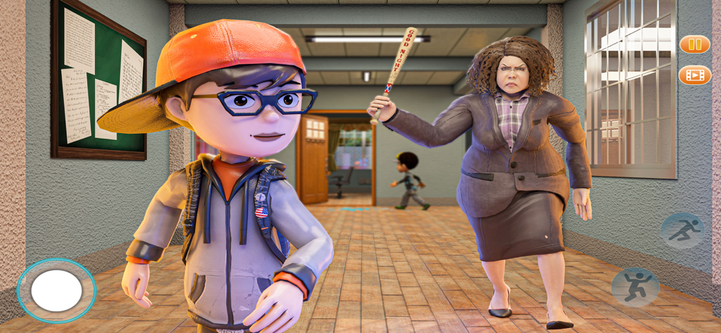 Evil Teacher 3D : Scary Game - A scary teacher chasing a student in a school hallway with a baseball bat in Evil Teacher 3D