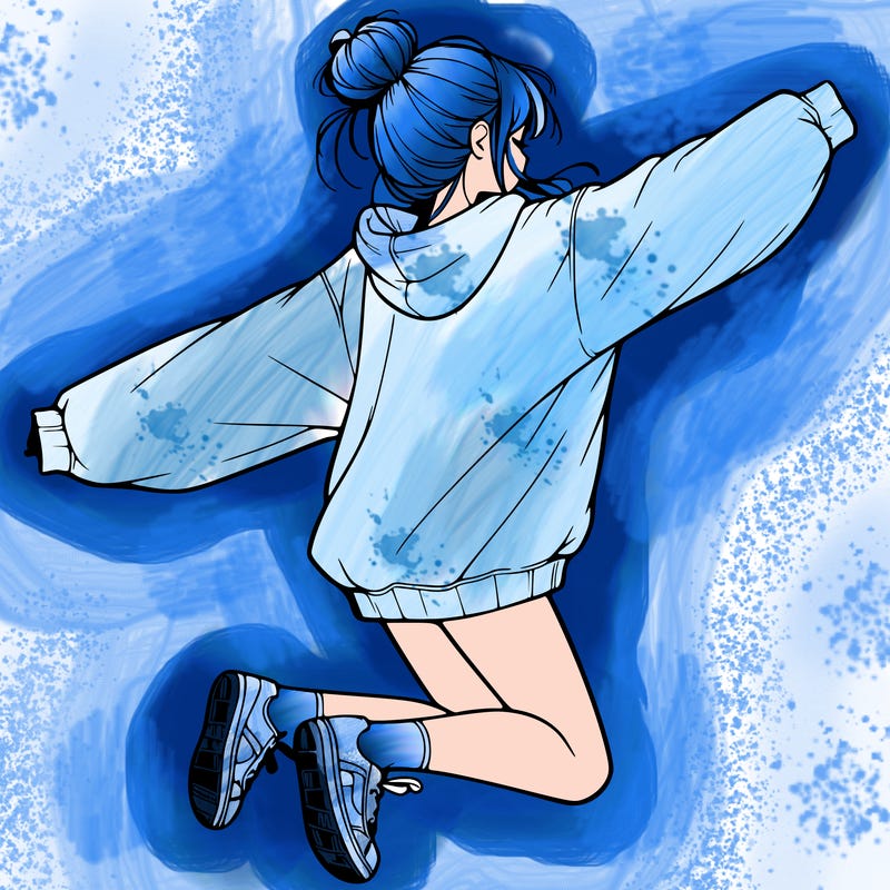 realistic girl jumping with a bun and oversized sweatshirt