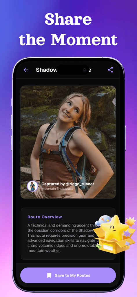 Obsidian: Always Together - A screenshot of the Obsidian Hike app showing a shared photo of a hiker with a route description and a save button.
