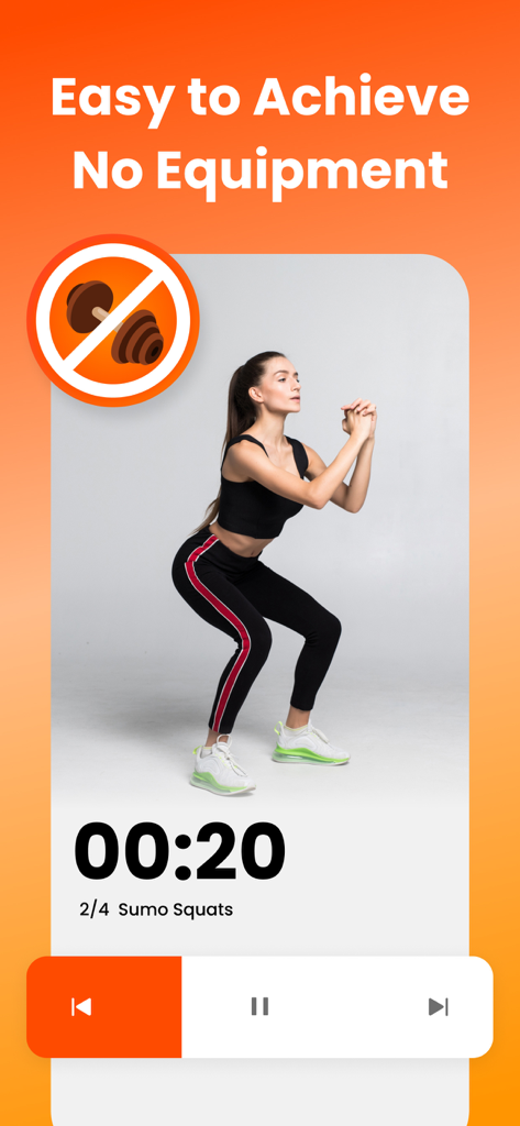 EasyFit - Female Workout - EasyFit app interface displaying a woman performing sumo squats during a no equipment home workout session