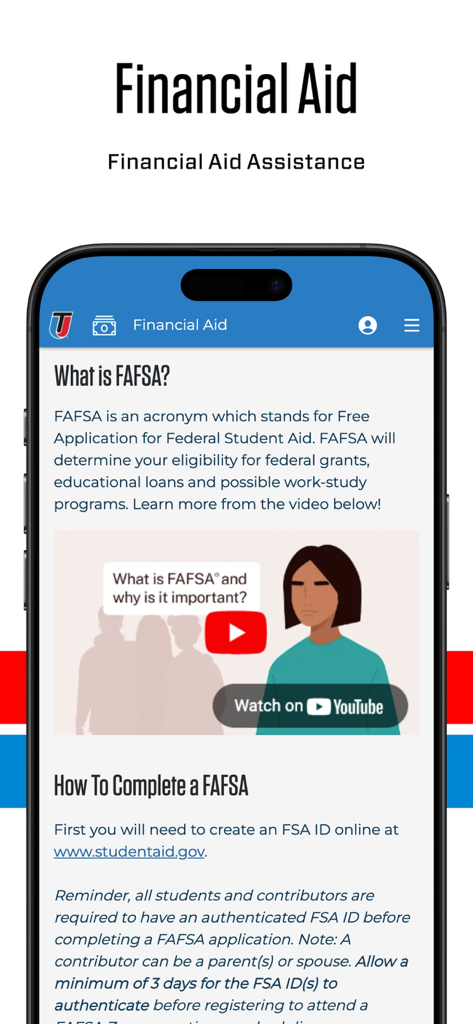 Screenshot of the UTI Go app showing financial aid resources and a guide on how to complete the FAFSA.