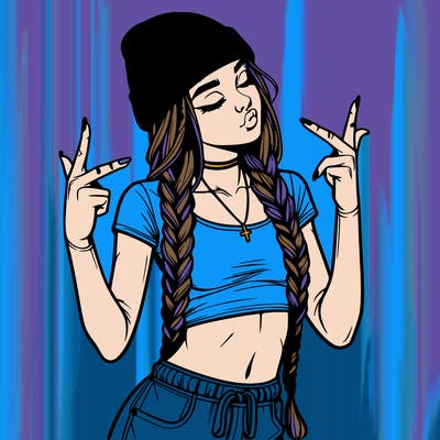 realistic teenage girl with braids and a beanie and crop top doing 🫶🏼