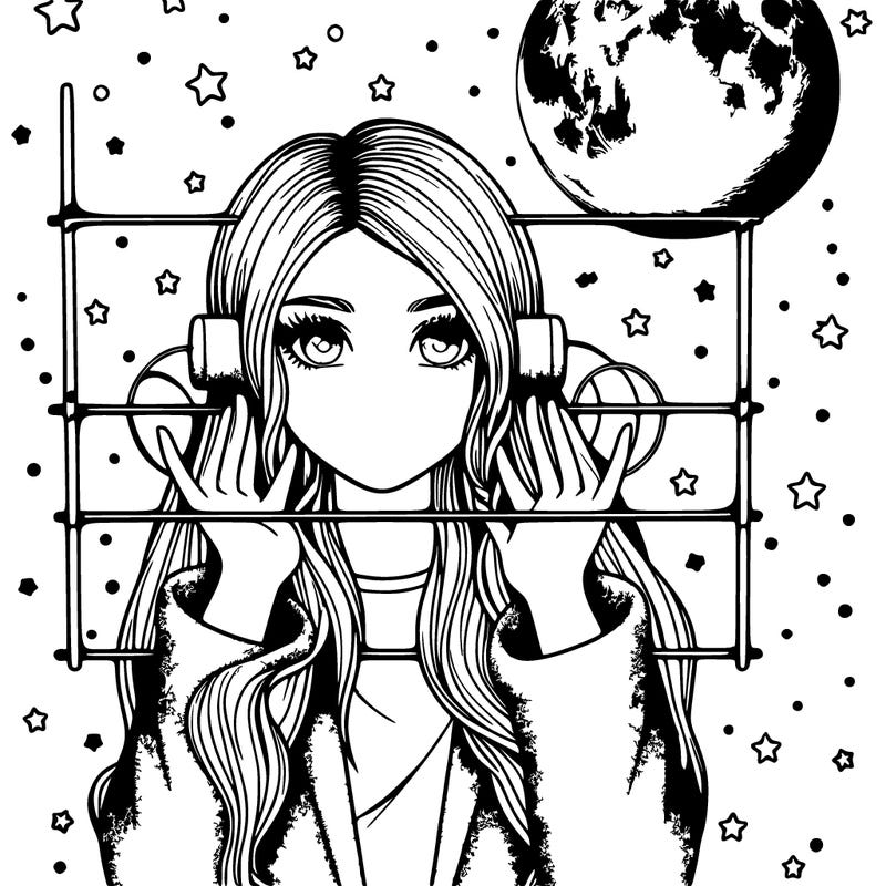 realistic girl with space bars and moon