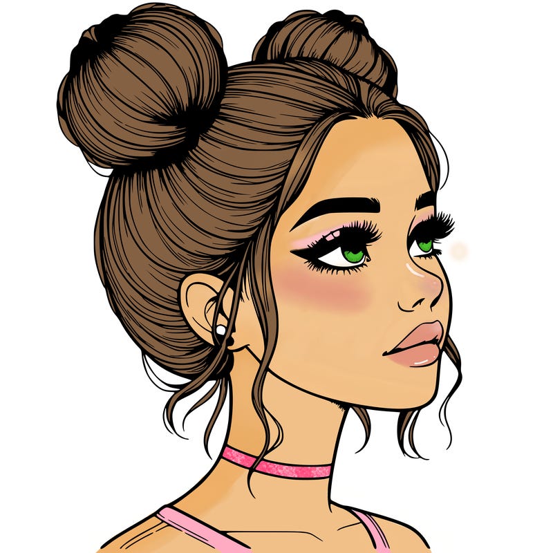 realistic girl with buns on the top of her head