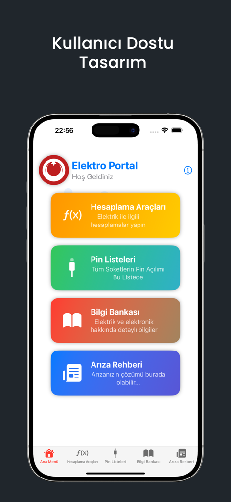 Elektro Portalアプリのメインメニュー。電気計算ツールとピンリストが表示されています