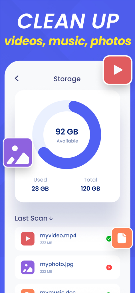 Free Space - Storage Manager - Mobile app interface showing available storage capacity and recently scanned media files for cleaning.
