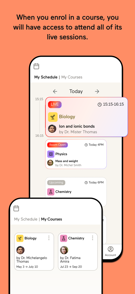 Schermate dell'app Noon Academy che mostrano un programma giornaliero di lezioni live e un elenco dei corsi iscritti