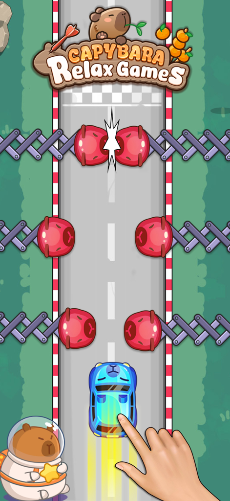 Capybara Relax Offline Games - A capybara themed car navigating a road with obstacles in a mobile game
