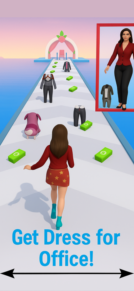 Makeup Girls Dress up Game - Un personaje femenino en un juego de corredores de vestuario caminando por una pasarela hacia objetos de ropa de estilo de oficina y efectivo.