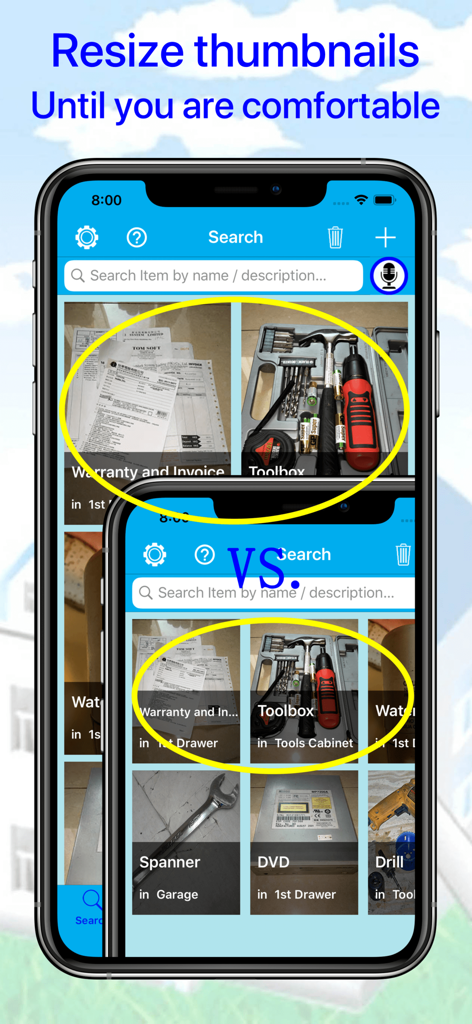 Demonstration of resizing item thumbnails to customize the visual organization of stored items.