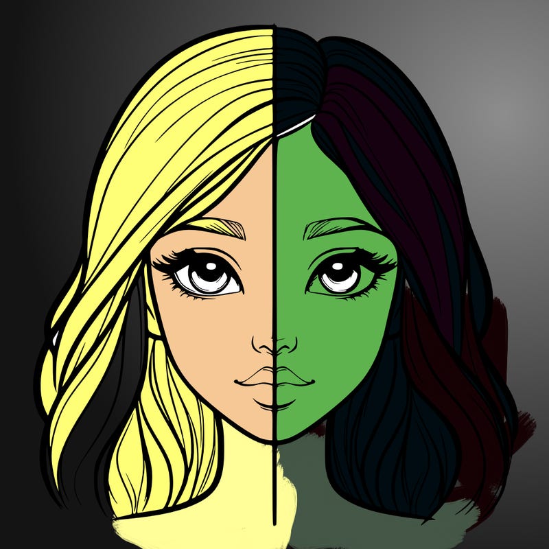 realistic girl face with line through the middle