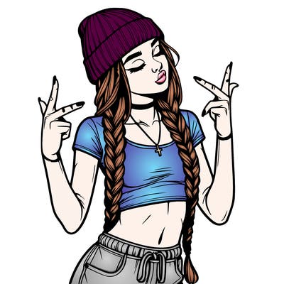 realistic teenage girl with braids and a beanie and crop top doing 🫶🏼