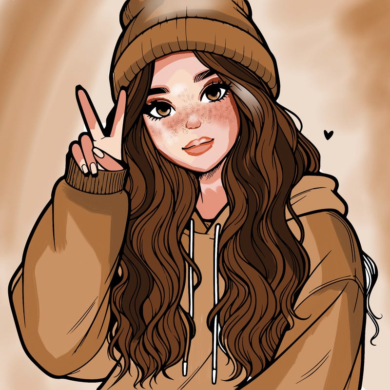 a teenage girl in a beanie, oversized sweatshirt, wavy long hair, and is showing a ✌️