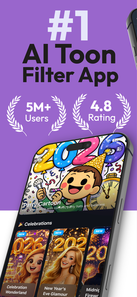 AI Cartoon - ToonFilter - KI Toon Filter App-Oberfläche, die Fest-Cartoon-Stile und Top-Benutzerbewertungen zeigt