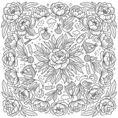 Welcome the arrival of a little one with this exquisite Peony Mandala Baby Shower coloring page. Immerse yourself in a serene design featuring lush peonies, graceful storks, and adorable baby items.