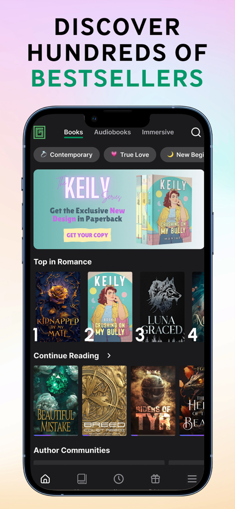 Smartphone displaying the Galatea app home screen featuring trending romance books and audiobooks
