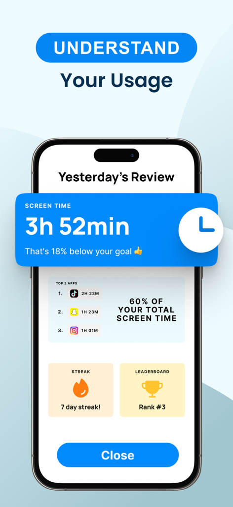 Mobile app screen showing daily screen time review with top apps used and usage statistics