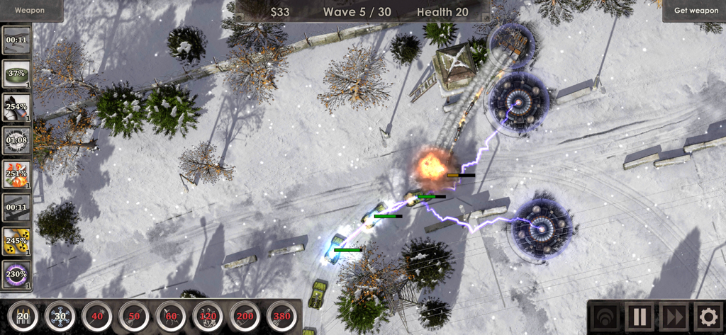 Defense Zone 3 HD - Tactical tower defense gameplay in a snowy environment featuring electric turrets and military vehicles