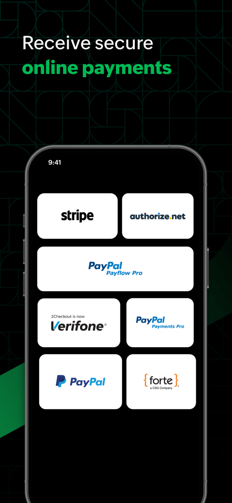 Mobile screen of Zoho Billing app displaying integrated payment gateways like Stripe and PayPal for secure online payments