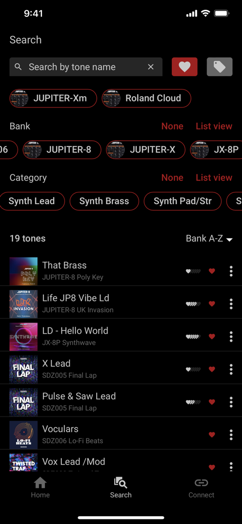 Roland Cloud Connectアプリの画面に、シンセサイザートーンとインストゥルメントバンクの検索が表示されています。