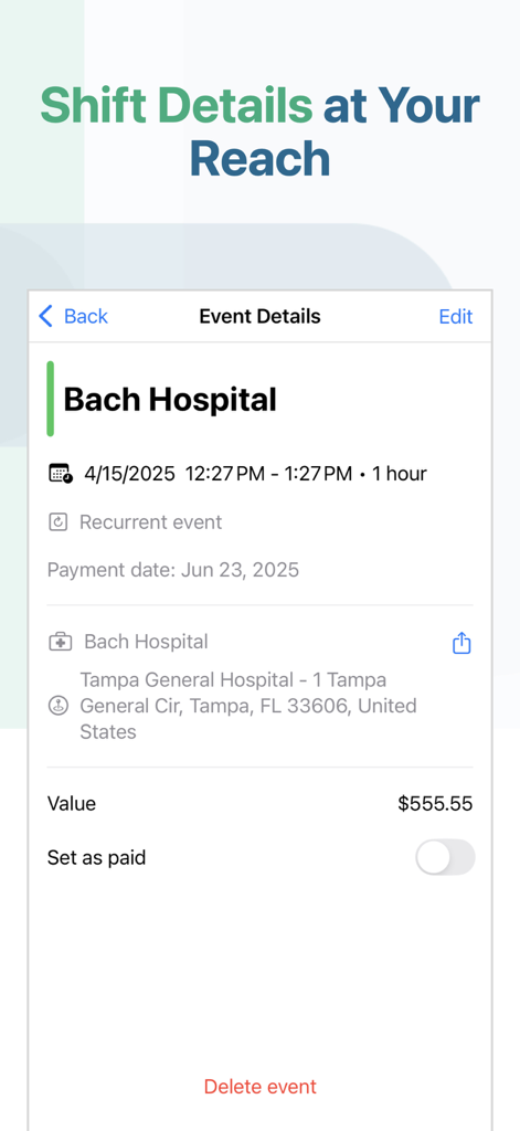 Interfaz que muestra los detalles del turno para un hospital, incluyendo la ubicación, la hora y el seguimiento de ganancias