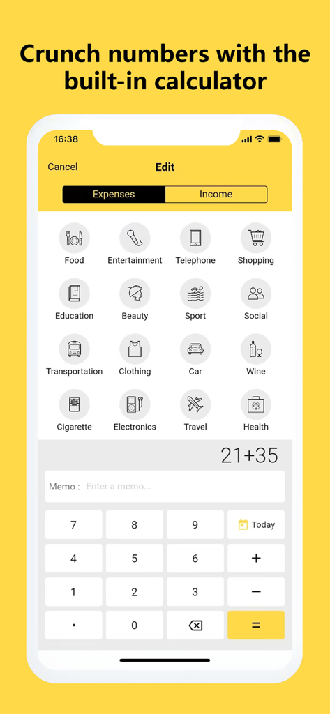 Money Tracker App-Oberfläche mit integriertem Rechner und Symbolen für Ausgabenkategorien