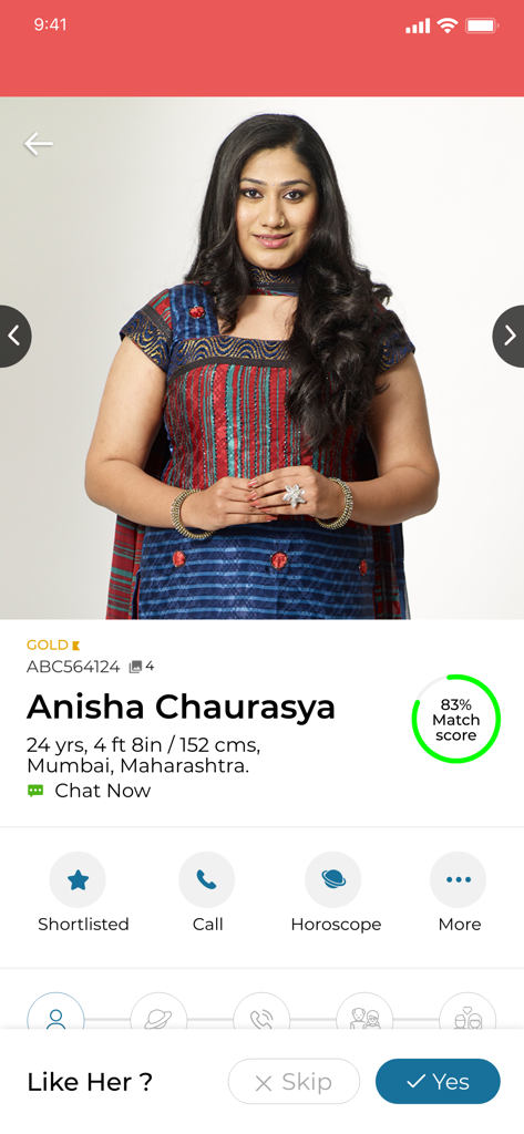 매치 점수와 위치가 표시된 Anisha Chaurasya의 커뮤니티 매트리모니 앱 사용자 프로필