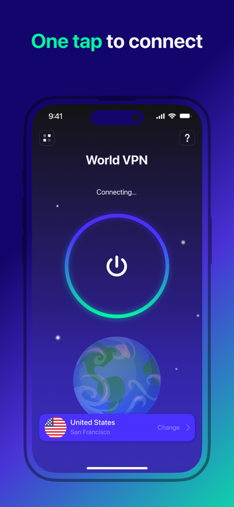 A smartphone showing the Good VPN app interface with a large central button for one tap connection to a US server.