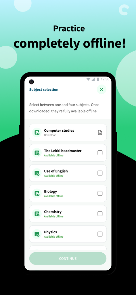 Class54 - JAMB CBT 2026 - Pantalla de selección de materias de la aplicación Class54 para práctica de exámenes sin conexión con Biología Química y Física