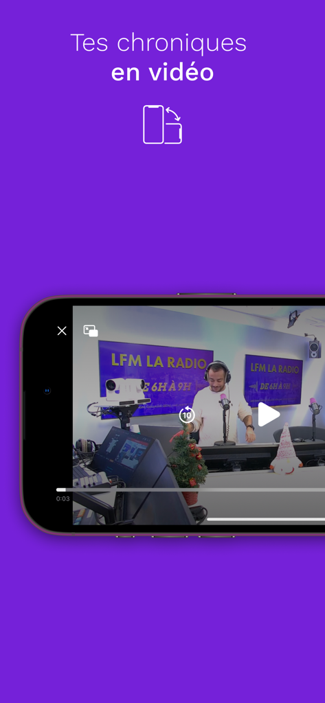 LFM - Landscape view of the LFM app video player showing a radio host in the studio