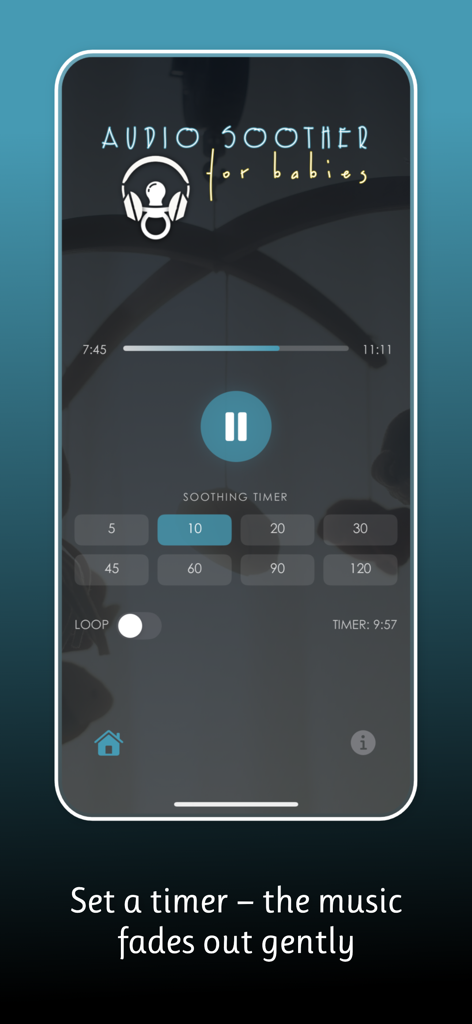 Audio Soother ~ For Babies - Audio Soother App Benutzeroberfläche zeigt die Sleep-Timer-Einstellungen und Musiksteuerung zur Beruhigung von Babys