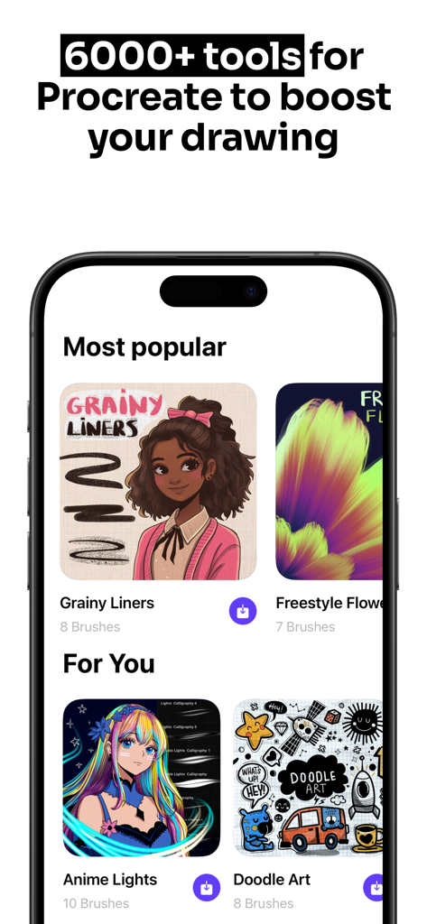 Tools for Procreate - Interfaz de la aplicación Herramientas para Procreate que muestra diferentes sets de pinceles y recursos de dibujo