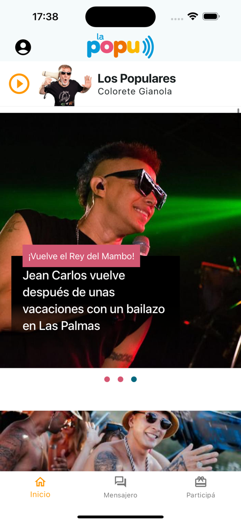 La Popu - The home screen of La Popu mobile app showing live radio info and music news