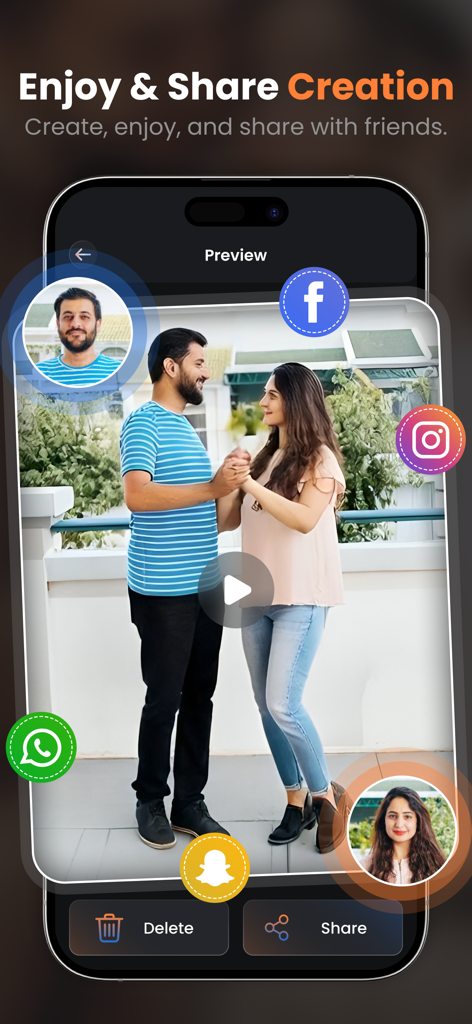 AI Kissing Video Generator - Mobile app interface showing a generated AI video preview with social media share buttons