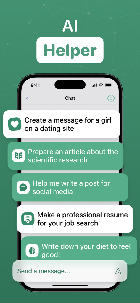 AI Chat Assistant - ChatAI Bot - AI Chat Assistant app interface on an iPhone displaying various use case prompts for content creation and productivity
