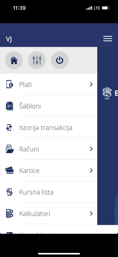Side menu of the mBank BPS app displaying banking services such as payments, accounts, and transaction history.